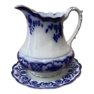 Antique Porcelain w.h Grindley Flow Blue Pattern Water Pitcher and Plate England