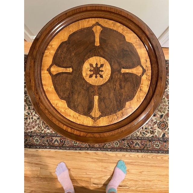Victorian-Style Marquetry Pedestal Table, Often Referred to as a "Wine Table" or "Inlaid Occasional Table. For Sale - Image 4 of 8