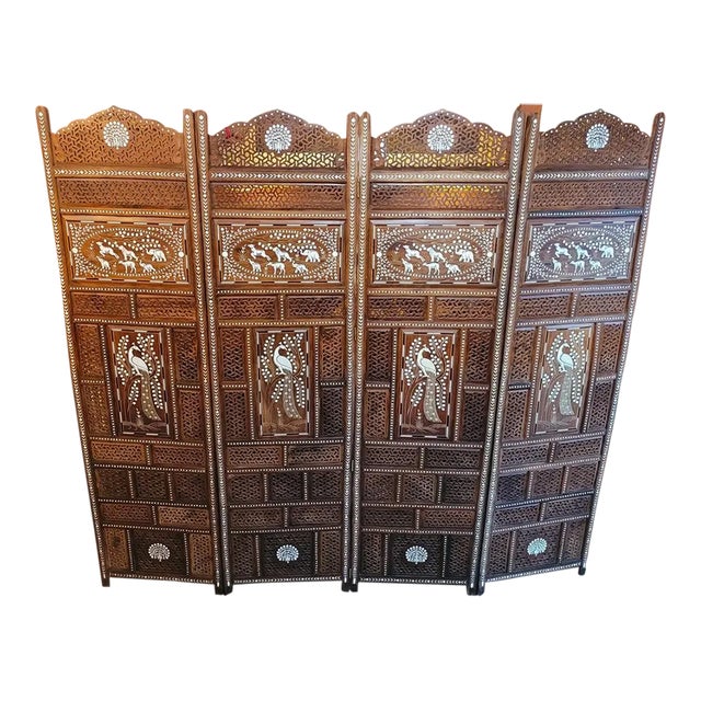 Early 20c Anglo Indian Profusely Inlaid 4 Panel Screen or Room Divider For Sale
