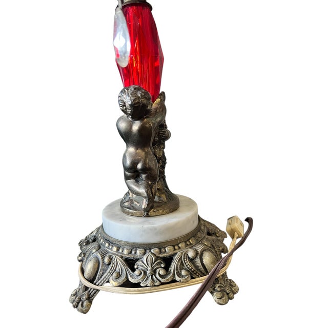 Mid 20th Century Baroque Brass Lamp With Mischievous Cherubs, Ruby Gems & Prismatic Drama For Sale - Image 10 of 15