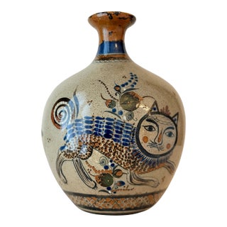 Signed Tonala Pottery Vase Nahual Cat Fish Folk Art Hand Painted Stoneware Mexico For Sale