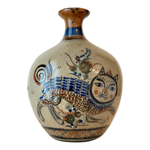 Signed Tonala Pottery Vase Nahual Cat Fish Folk Art Hand Painted Stoneware Mexico