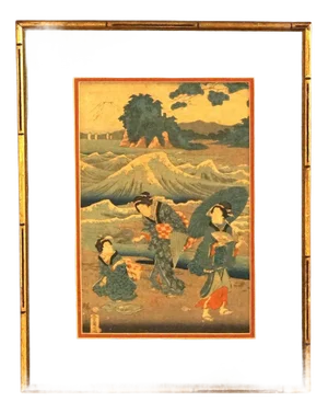 Antique Japanese Woodblock Print by Sadatora, Exterior Genre Scene, C1920