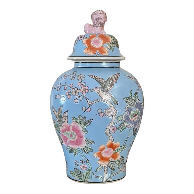 Vintage Chinese Hand Painted Blue Ginger Jar With Foo Dog Lid - 16” Tall For Sale
