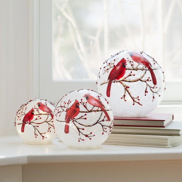 LED Frosted Cardinal Orb with Berry Branch Design (Set of 3) For Sale In Chicago - Image 6 of 6