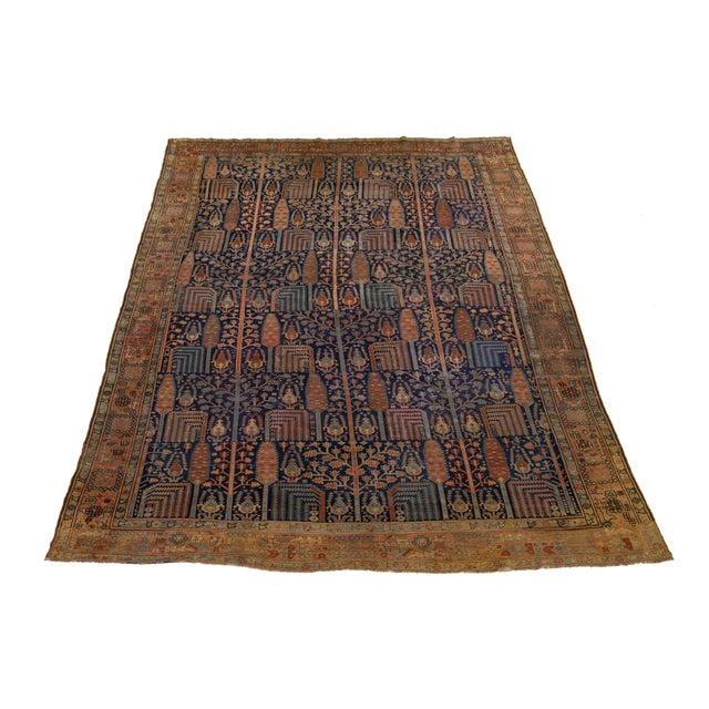 1900 - 1909 1900s Blue Antique Persian Bakshaish Wool Rug Handmade With Allover Design For Sale - Image 5 of 11