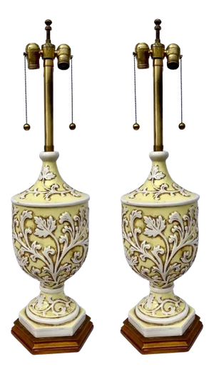 Mid-Century Yellow Ceramic Urn Form Table Lamps by Marbro - Pair