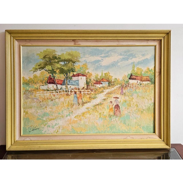Large Beautiful Landscape Painting, Oil on Canvas, depicting country lane leading to a town. Signed by artist. 31.5" x 43"