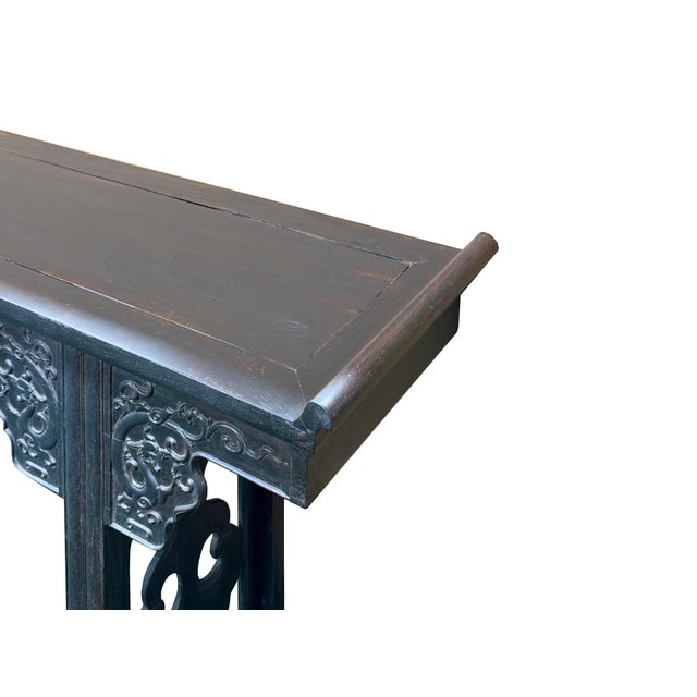 Vintage Rosewood Dark Brown Black Stain Dragon Relief Carving Altar Table For Sale - Image 11 of 12