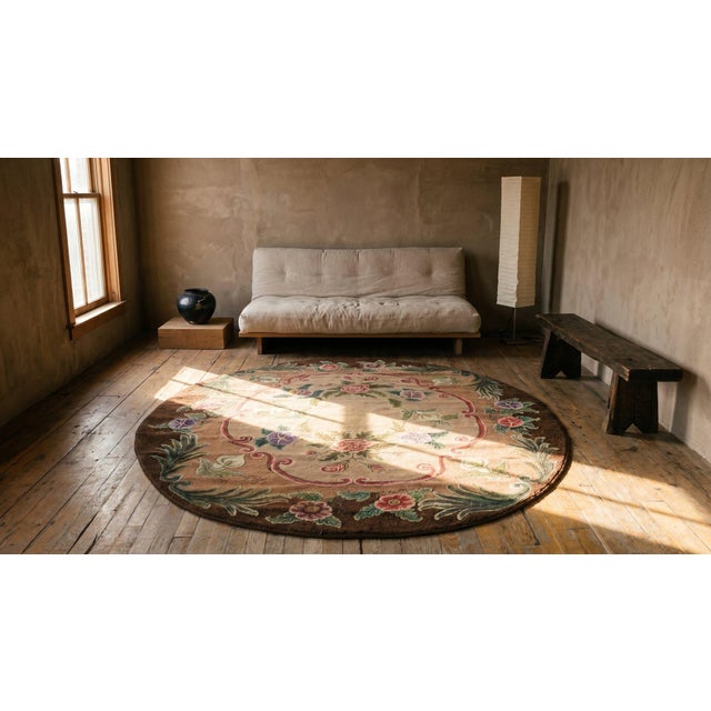1920s Tan Almond Floral Folk Art Antique American Hooked Rug 6'6"x 7'5" Handknotted Wool Carpet For Sale - Image 9 of 11