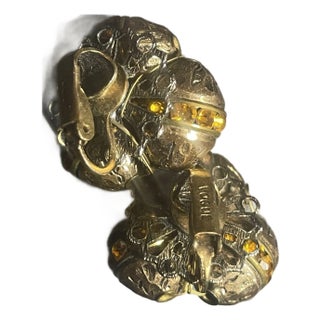 Vogue Retro Mid Century Modern 1960s Pair of Earrings Brutalist Gold Tone With Citrine Ab Crytal, Perfect Condition. For Sale