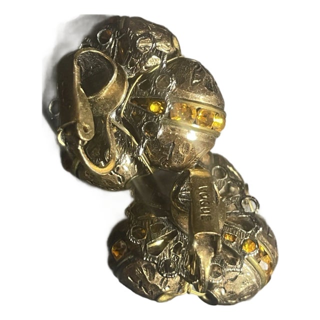 Vogue Retro Mid Century Modern 1960s Pair of Earrings Brutalist Gold Tone With Citrine Ab Crytal, Perfect Condition. For Sale