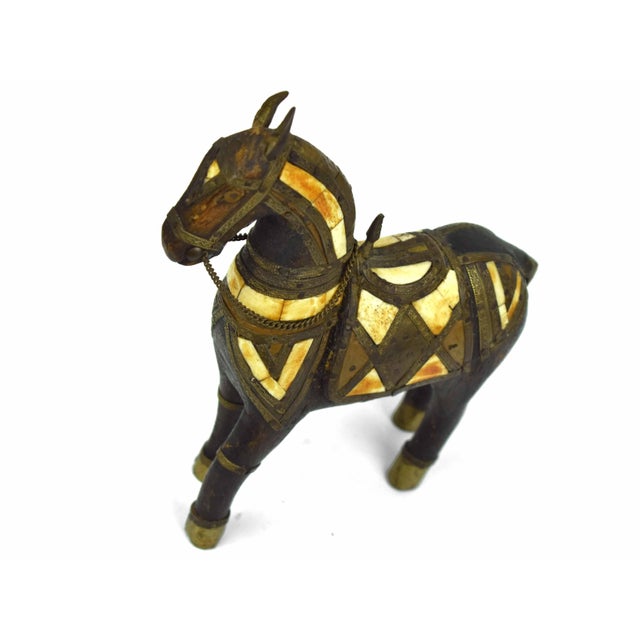 Vintage Hand Carved Wood & Mosaic Brass and Copper Inlaid Horse Figurine For Sale - Image 6 of 11