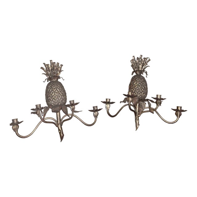 Pair of Global Views Regency Gold Gilt 4 Light Pineapple Sconces For Sale