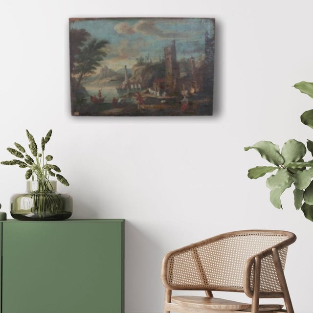 18th-century oil painting on canvas. The work depicts a coastal or river landscape enlivened by architecture and human...
