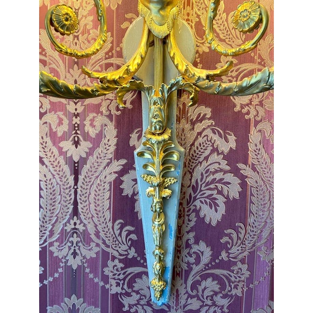Wood 1860 French Louis XVI Gold Bronze Silk Wall Lamps Sconces 2pc- Pair For Sale - Image 7 of 18