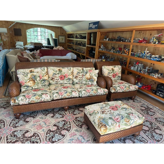 Lexington Woven Sofa With Floral Cushions With Matching Chair and Ottoman For Sale - Image 17 of 17