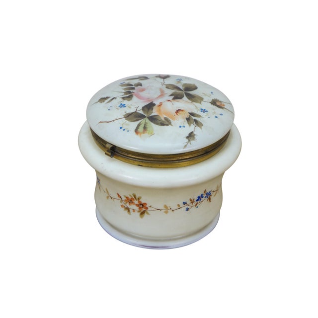 Victorian Antique French Victorian Painted Floral Opaline Glass Vanity Jar Casket 5" For Sale - Image 3 of 14