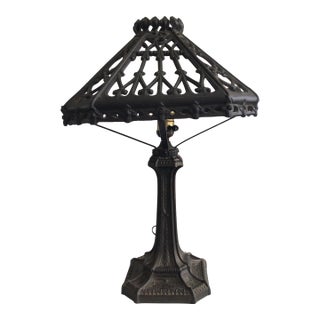1920a Ornate Iron Leaded Glass Table Lamp For Sale