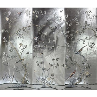 Silver Leaf Hand-Painted Chinoiserie Mural | Birds, Blossoms & Bamboo | 3-Panel Wallpaper For Sale
