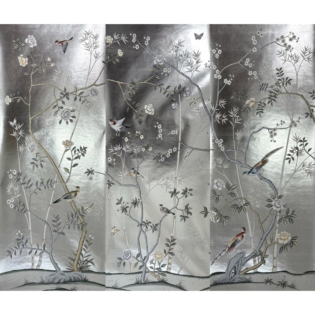 Silver Leaf Hand-Painted Chinoiserie Mural | Birds, Blossoms & Bamboo | 3-Panel Wallpaper For Sale