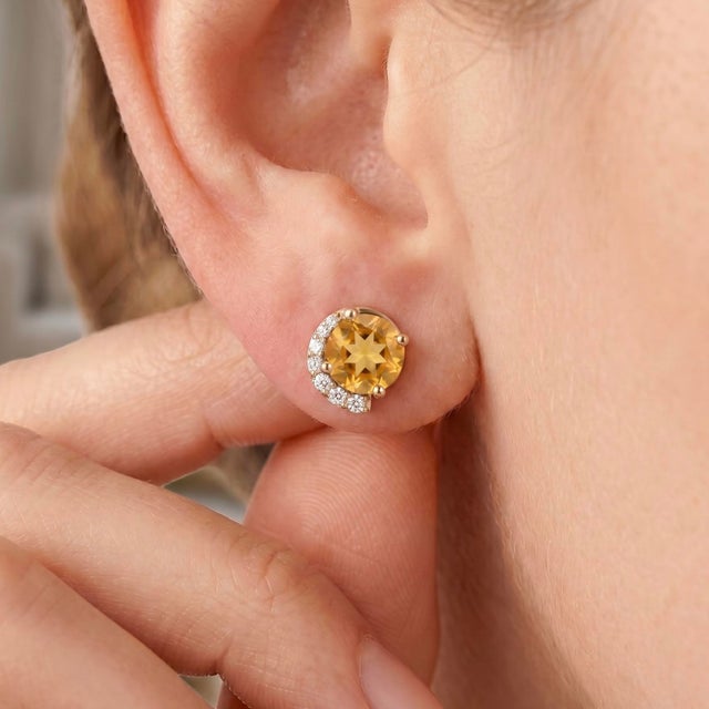 Celestial Citrine Stud Earrings with Diamond Halo Accent – Elegant November Birthstone Jewelry Add a touch of radiant...