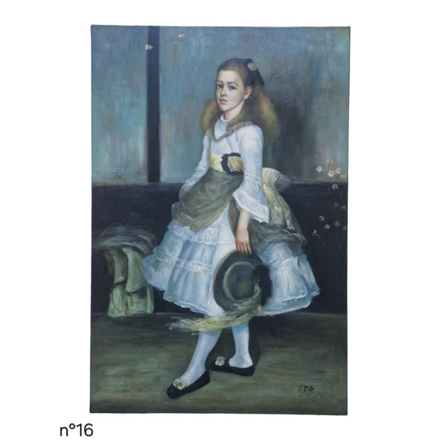 Oil on canvas depicting a seated young girl in a white dress with a green sash, holding a hat, set within an interior...