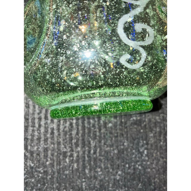 Bottle Green Verrerie De Biot Vintage Hand-Blown Biot France Seeded Bubble Glass Vase With Etched Ship For Sale - Image 8 of 10