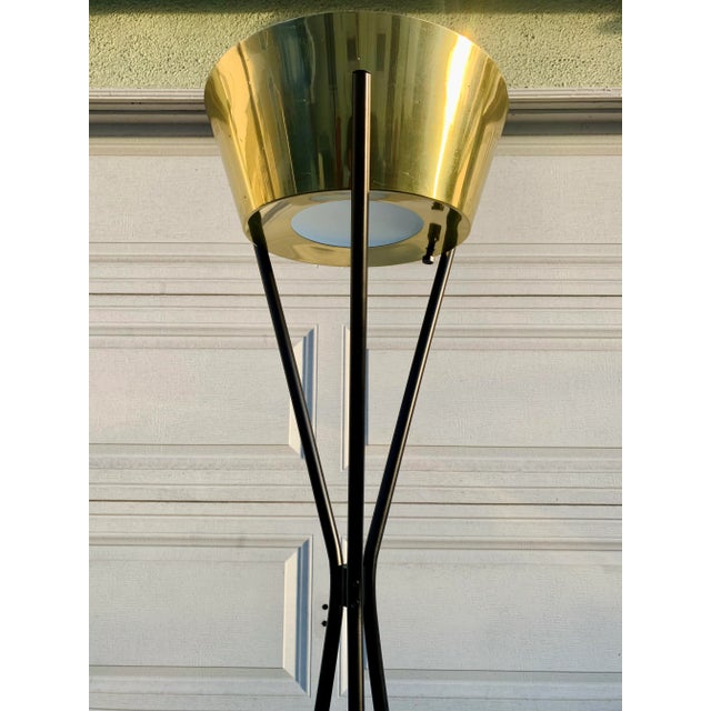 This is a vintage Robert Sonneman Era Floor Lamp. Amazing Brass bucket Torchiere lamp shade on tripod legs. It comes with...