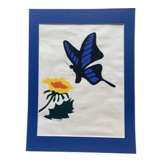 1970s Original Gouache Painting of Flower and Butterfly For Sale