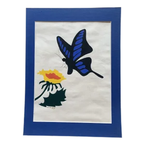 1970s Original Gouache Painting of Flower and Butterfly