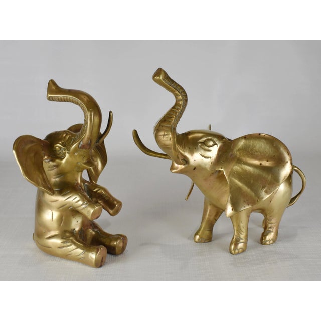 Mid-Century Modern Mid 20th Century Vintage Handmade Solid Brass Trunk Up Standing Sitting Proposal Couple Elephant Statue - a Pair For Sale - Image 3 of 12
