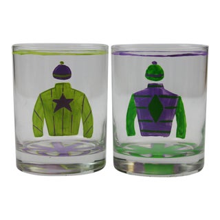 Hand Painted Jockey Silks Old-Fashioned Bar Glasses - A Pair For Sale