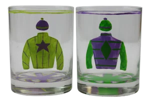 Hand Painted Jockey Silks Old-Fashioned Bar Glasses - A Pair