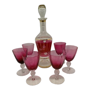 Vintage Cranberry Pink Glass Decanter with Wine Glasses- 7 Pieces