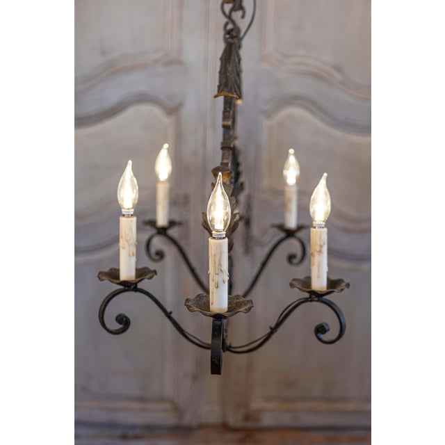 Mid 20th Century French Wrought Iron Six-Light Clock Face Chandelier with Scrolling Arms For Sale In Atlanta - Image 6 of 10