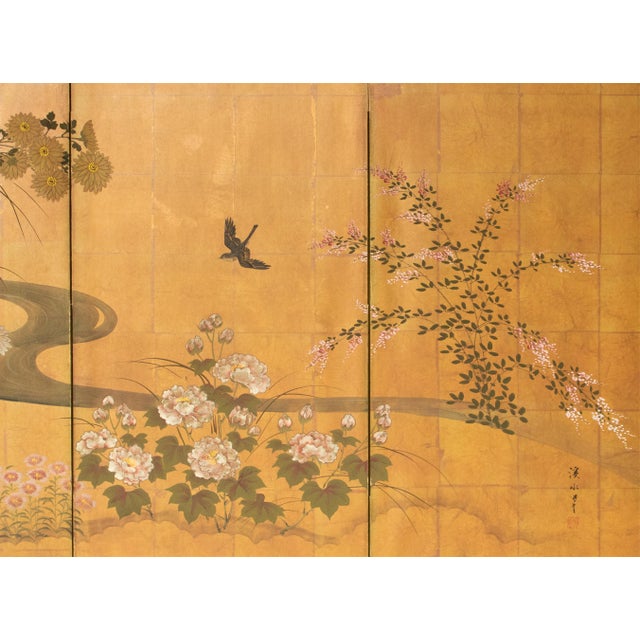 1970s "Flowers of the Four Seasons", 1970s Showa Era Japanese Painted Byobu Screen For Sale - Image 5 of 18