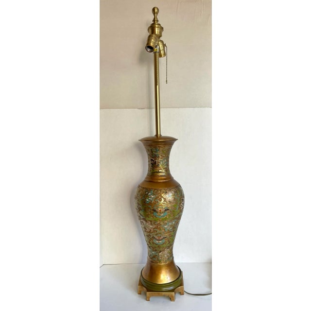 Mid 20th Century Asian Champleve Cloissone Tall Brass Lamp Made by Marbro For Sale - Image 9 of 13