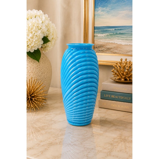 Mid-Century Modern Vintage Sculptural Blue Art Glass Ribbed Swirl Vase Anchor Hocking Mid-Century Modern Art Deco For Sale - Image 3 of 5