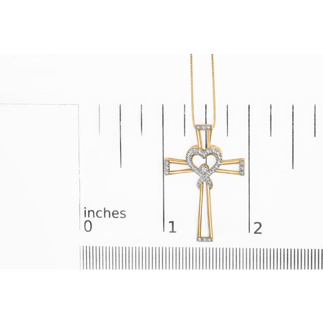 Early 21st Century 14K Yellow Gold Plated .925 Sterling Silver 1/6 Cttw Diamond Interlocking Heart and Ribbon Cross Pendant Necklace (H-I Color, I2-I3 Clarity) - 18" For Sale - Image 5 of 5