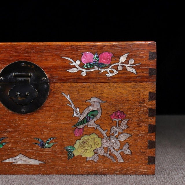 Wood Huali Rosewood Box Inlaid With Mother-of-Pearl Bird & Floral Motif For Sale - Image 7 of 9