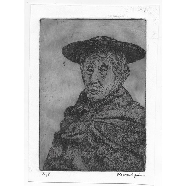 Carlos Antonio Llerena-Aguirre (born 1952) portrait of an elderly lady in a. wrap and hat. Marked as an artist's proof.