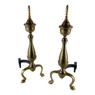Vintage Pair Federal Hollywood Regency Style Brass & Iron Andirons Fire Dogs For Sale