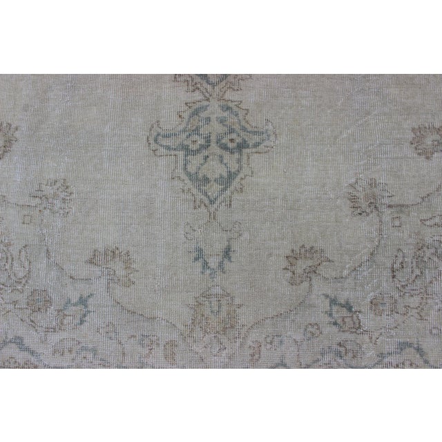 Medallion Distressed Oushak Turkey in Cream, Blue Tones, Brown and Teal Blue For Sale - Image 13 of 15