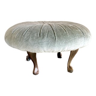 Vintage Hollywood Regency Pleated Sage Green Velvet Round Ottoman Featuring Elegant Cast Brass Cabriole Legs For Sale