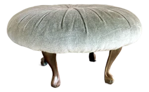 Vintage Hollywood Regency Pleated Sage Green Velvet Round Ottoman Featuring Elegant Cast Brass Cabriole Legs