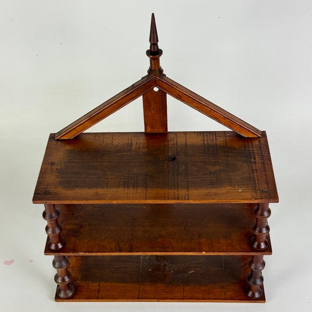 Folk Art Unusually Marvelous Antique House Shaped Folk Art Primitive Spool Tri-Level Wooden Wall Shelf Unit For Sale - Image 3 of 11