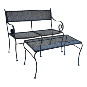 Vintage Wrought Iron Outdoor Garden Settee Bench With Table - 2 Piece Set
