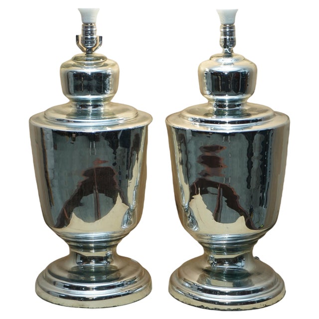 Large Vintage Mirrored Glass Tables Lamps, Set of 2 For Sale