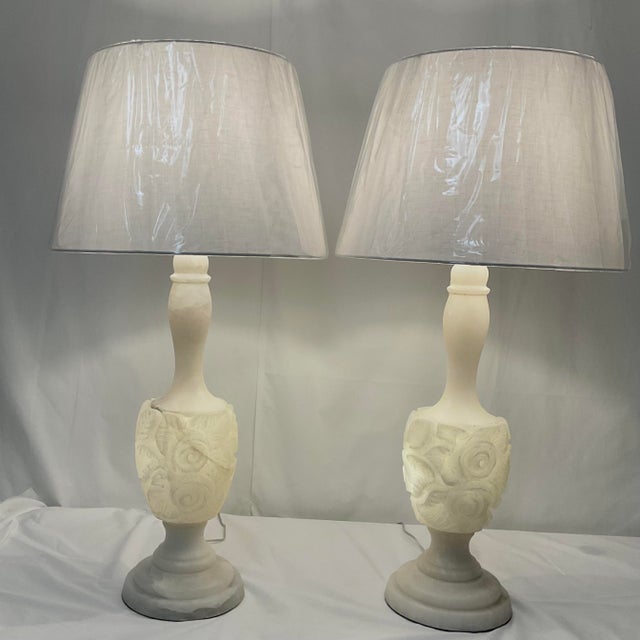 Traditional Vintage Carved Natural Alabaster Floral Lamps - a Pair For Sale - Image 3 of 12